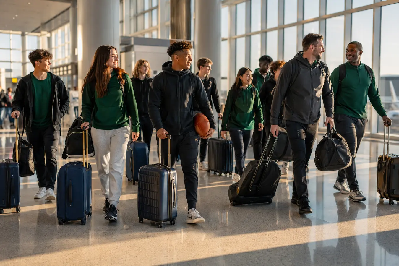 Sports team travelling together through an airport